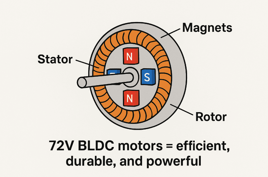 72v brushless DC motor (BLDC) showing rotor, stator, and magnets.