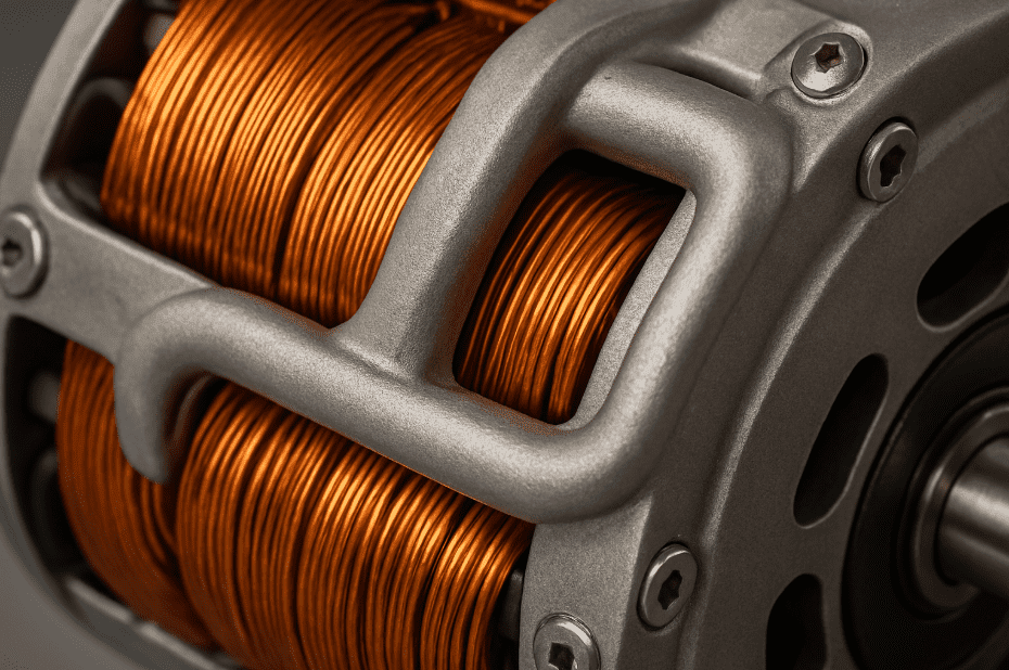 Close-up of copper windings with cooling paths