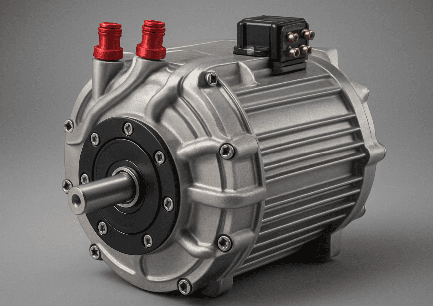 close-up of a liquid cooled electric motor with visible coolant channels or jackets.