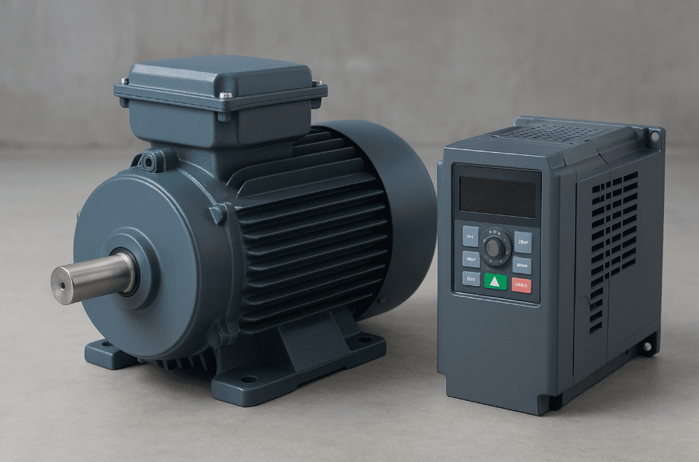 A modern inverter rated motor with a VFD controller beside it.