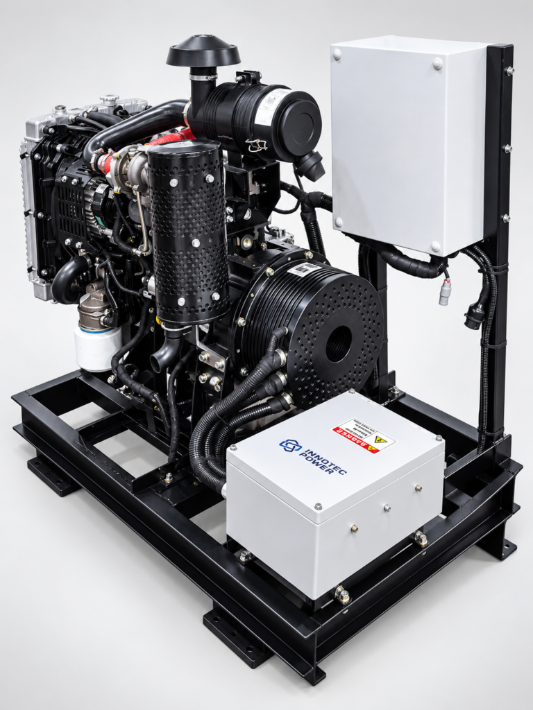 DCGO-14 14 kW DC genset showing the variable-speed DC controller enclosure and DC output junction box on the skid