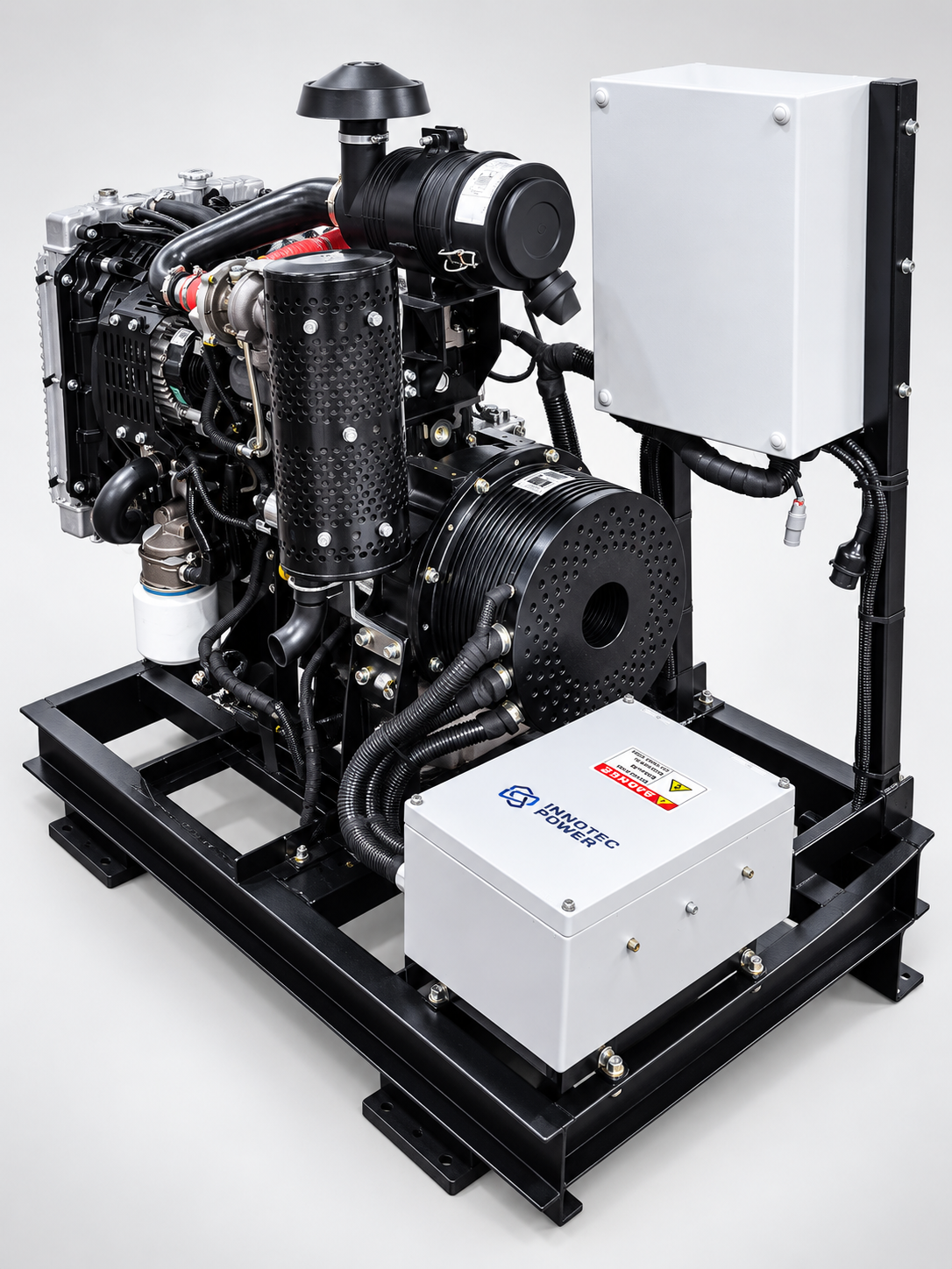 Innotec Power DCGO-14-48 telecom DC generator set, 14 kW at 48 VDC, showing the variable-speed DC controller enclosure and DC output box on the open frame